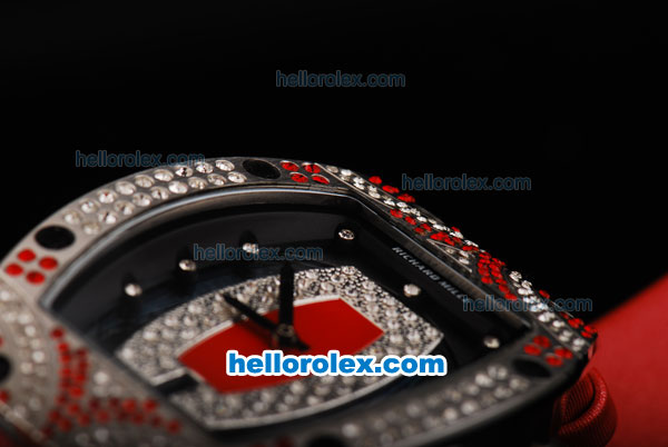 Richard Mille RM007 Silver Case with Diamond Hour Markers-Diamond Bezel and Red Leather Strap - Click Image to Close